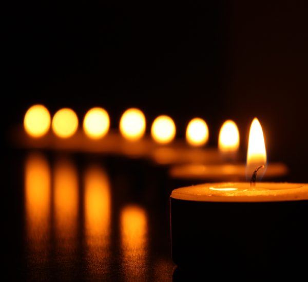 Zu sehen sind 8 kleine Teeleuchten die im dunklen in einem Halbkreis angeordnet sind